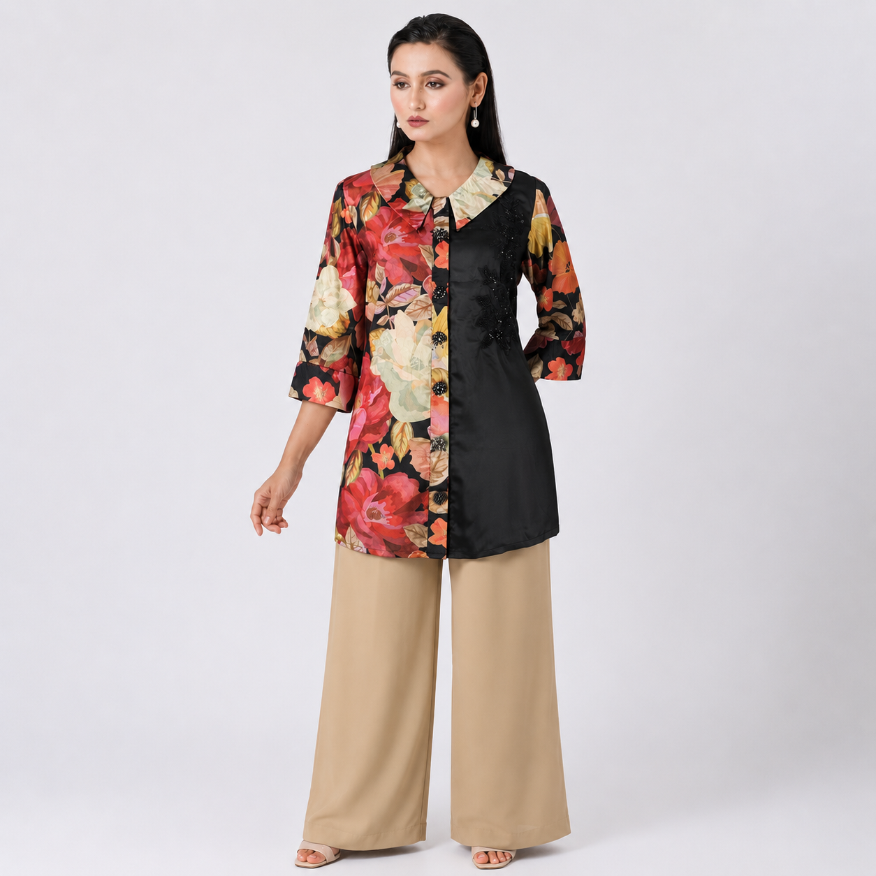 Floral and Black Contrast Panel Button-Down Shirt